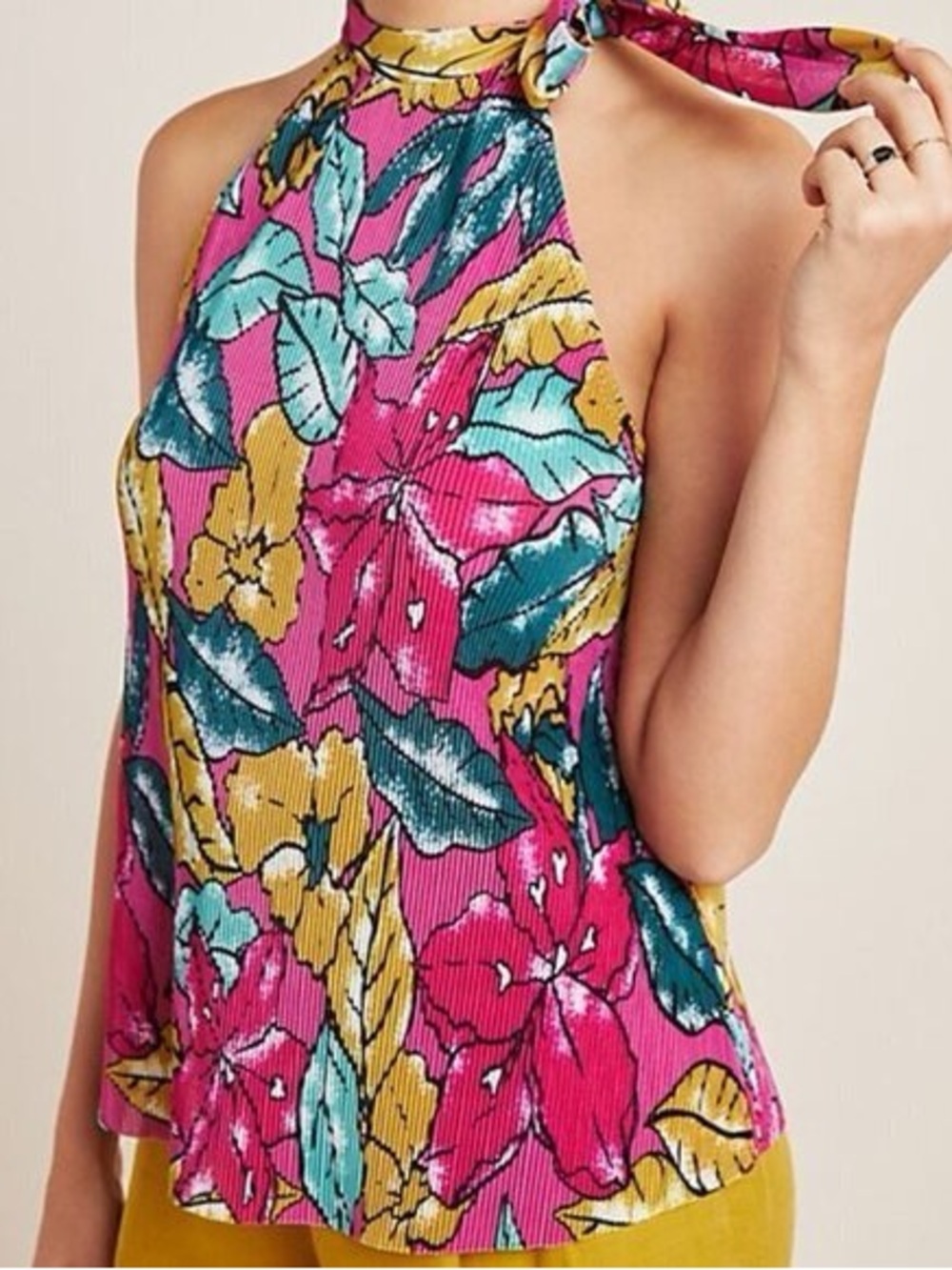 Maeve Anthropologie Gloucester Floral Pleated Tie Neck Top Size Small